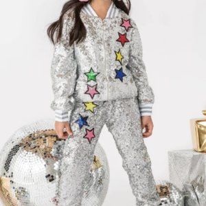Lola & the Boys Silver Unicorn Sequin Bomber Jacket Jogger Pants Set Kids Size 6